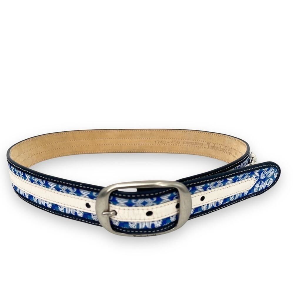 Timberland white blue leather logo belt
